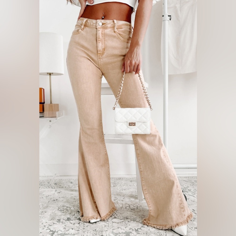 NEW Khaki Raw Edge Mid Waist Flared Jeans